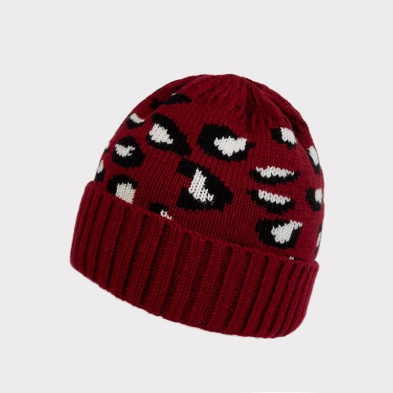 Knit Hat Leopard Print Perforated Design
